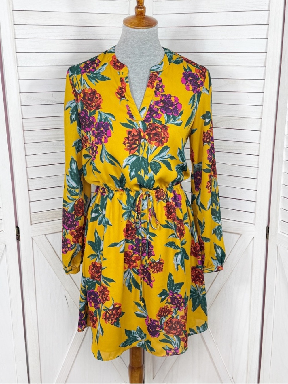 Everly Floral Print Long Sleeve‎ Dress Yellow Small Cinch Waist Cottagecore